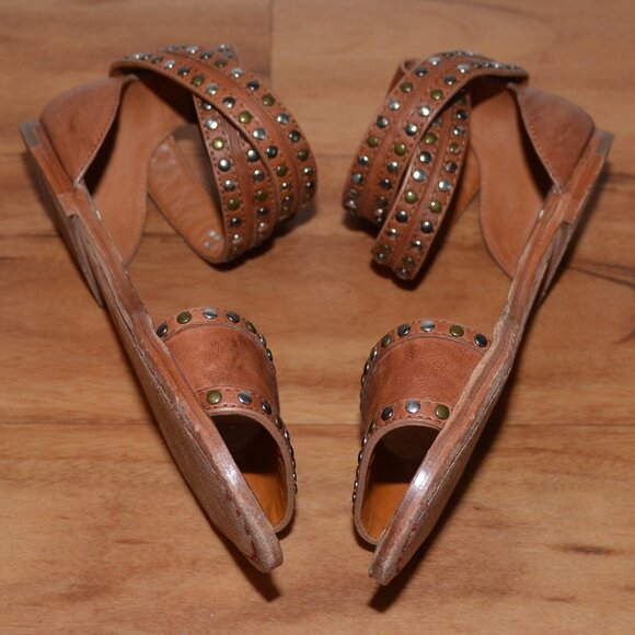 Trask brown leather Studded Ankle strap Gladiator buckle Boho Sandals, sz 7.5M - Picture 9 of 11